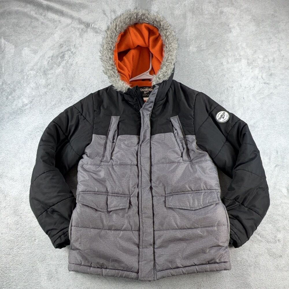 OshKosh B'gosh Boys Puffer Jacket Size 14 Hooded Faux Fur Lined Full Zip Winter